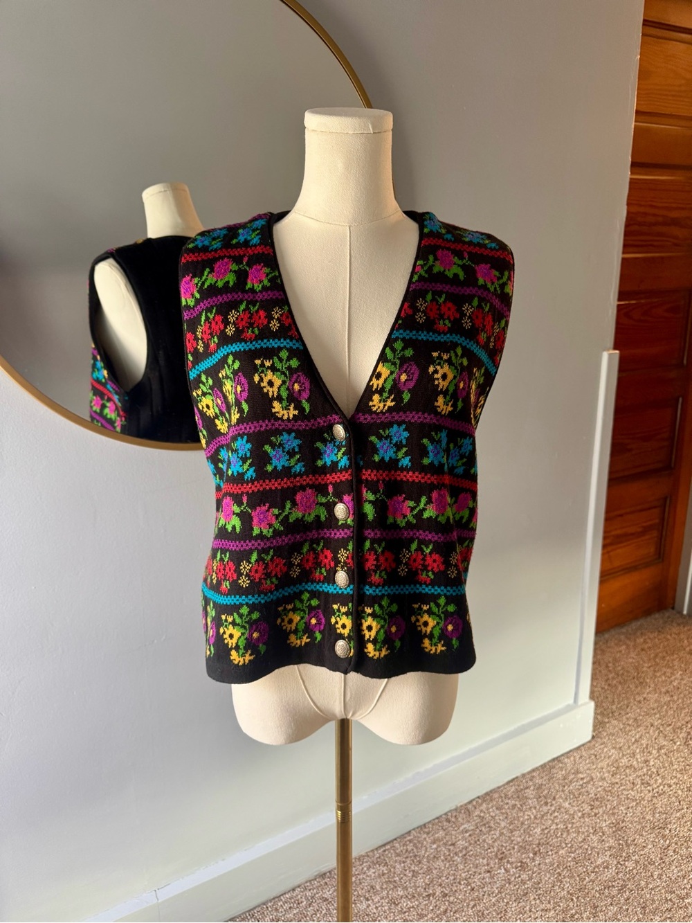 Carole Little Black V-Neck Floral Knit Button Vest with Multicolor Stripes